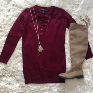 burgundy lace up sweater tunic dress